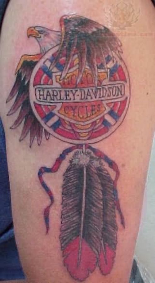 Feathers And Harley Davidson Color Ink Tattoo
